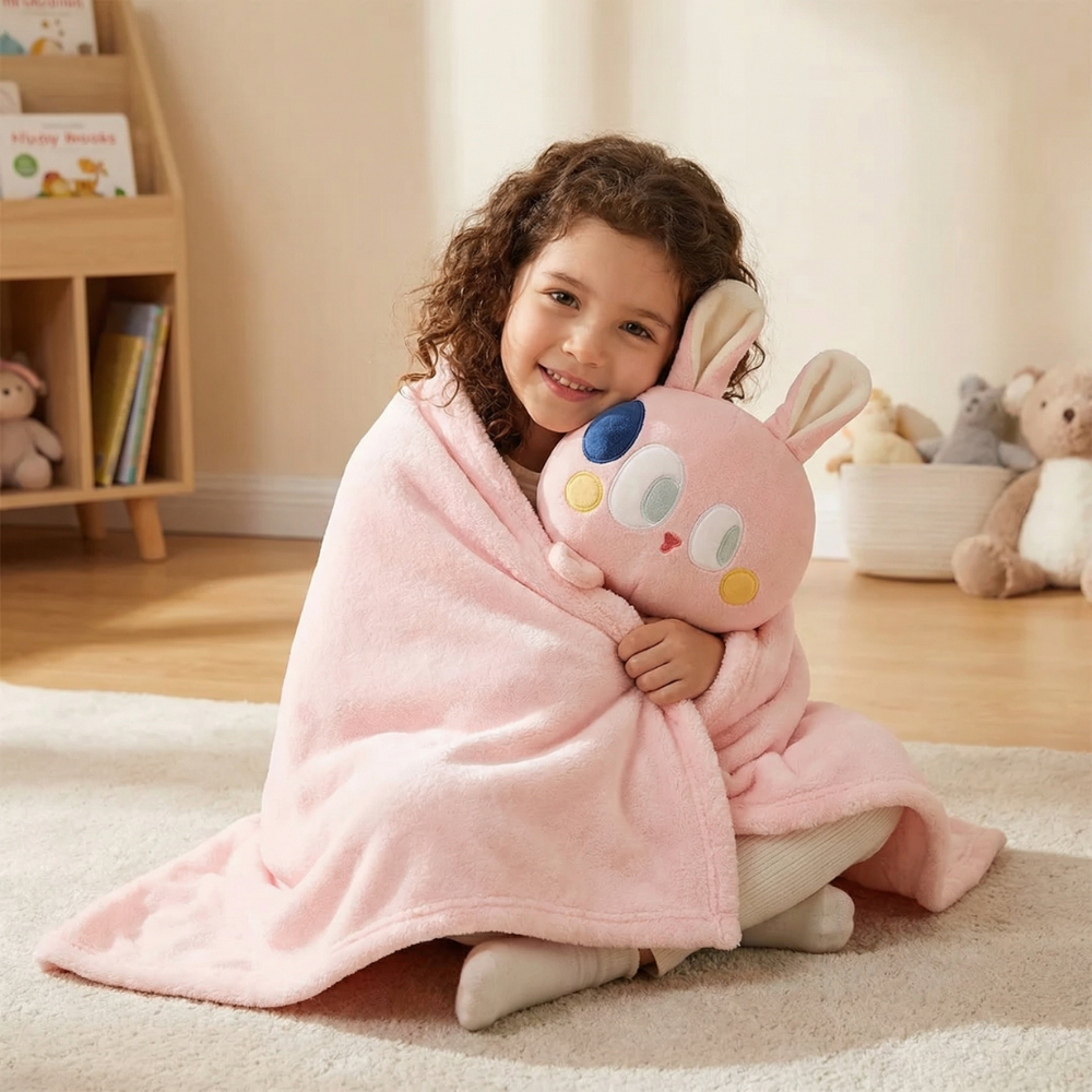 Anyae Shy Pink Bunny Plush Toy – Soft Stuffed Animal for Kids with Blanket